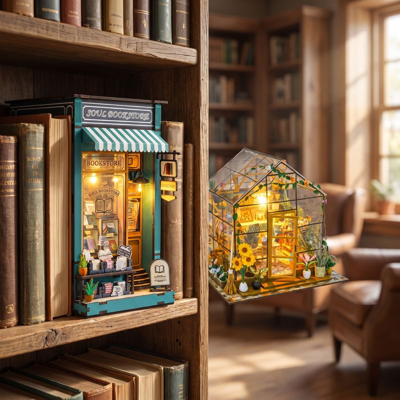 The Corner Bookstore book nook and the Sunflower Glasshouse on a shelf
