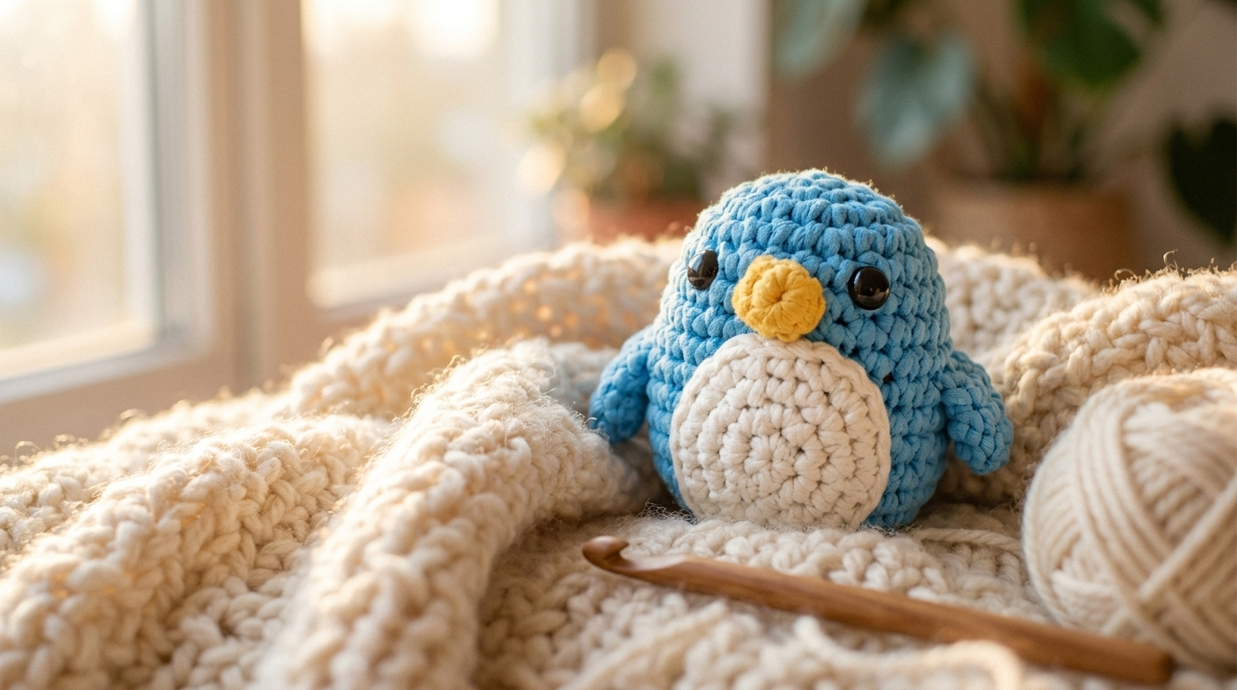 A TinyCraft crochet penguin on a cream knitted blanket with a crochet hook and yarn