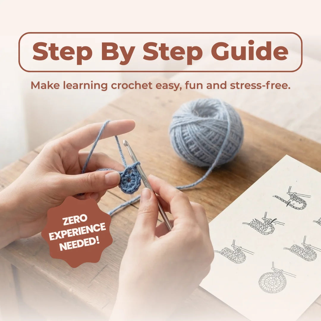 The Wise Oak crochet kit step-by-step instruction guide showing beginner-friendly diagrams for DIY mini amigurumi crafting