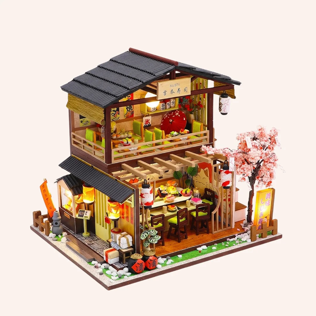The Sakura Sushi Bar DIY miniature kit dollhouse with two floors, cherry blossom tree, and detailed Japanese restaurant in...