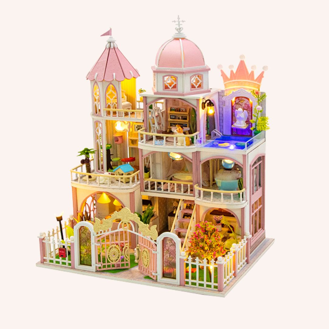The Rose Palace DIY miniature dollhouse kit with pink towers, LED lights, balconies and furniture