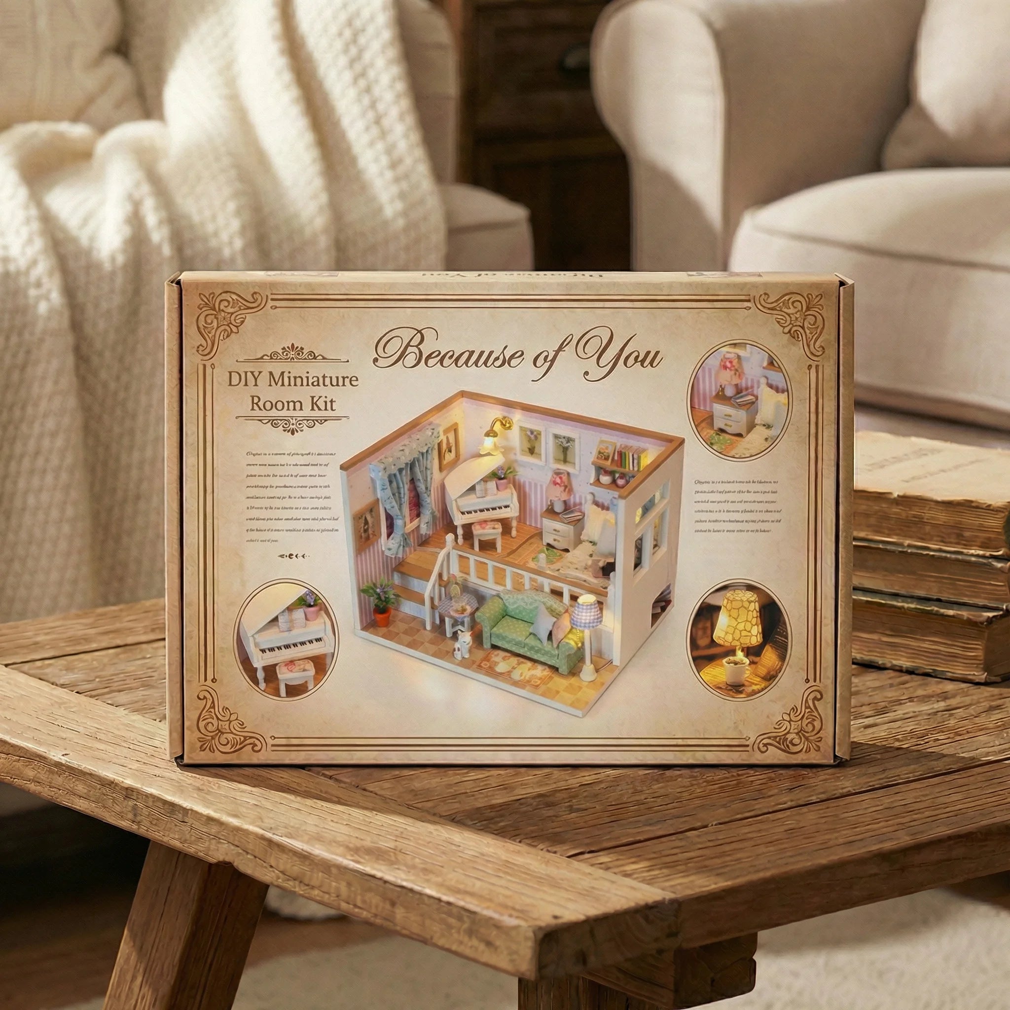 The Piano Parlour DIY miniature room kit box displayed on wooden table in cozy living room setting