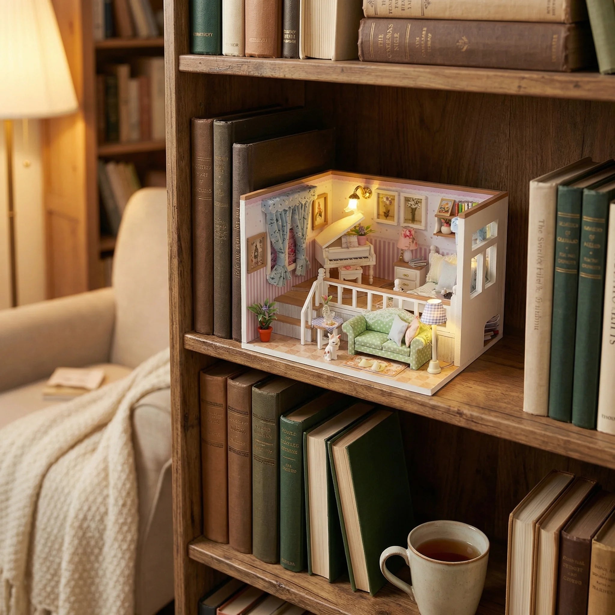 The Piano Parlour miniature dollhouse kit displayed on wooden bookshelf with warm lighting and cozy room interior