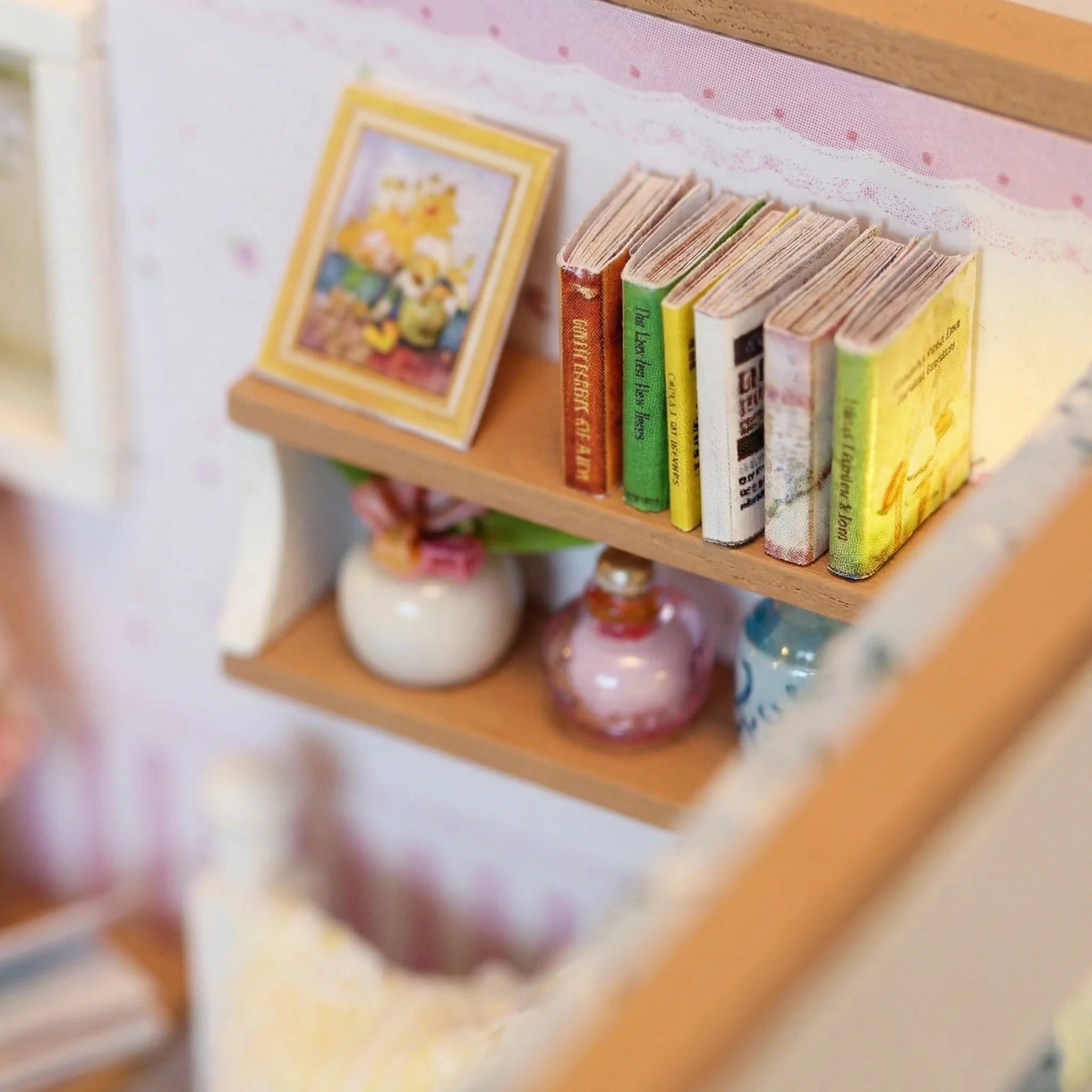 The Piano Parlour miniature kit wooden shelf with tiny books, decorative vases and framed floral artwork