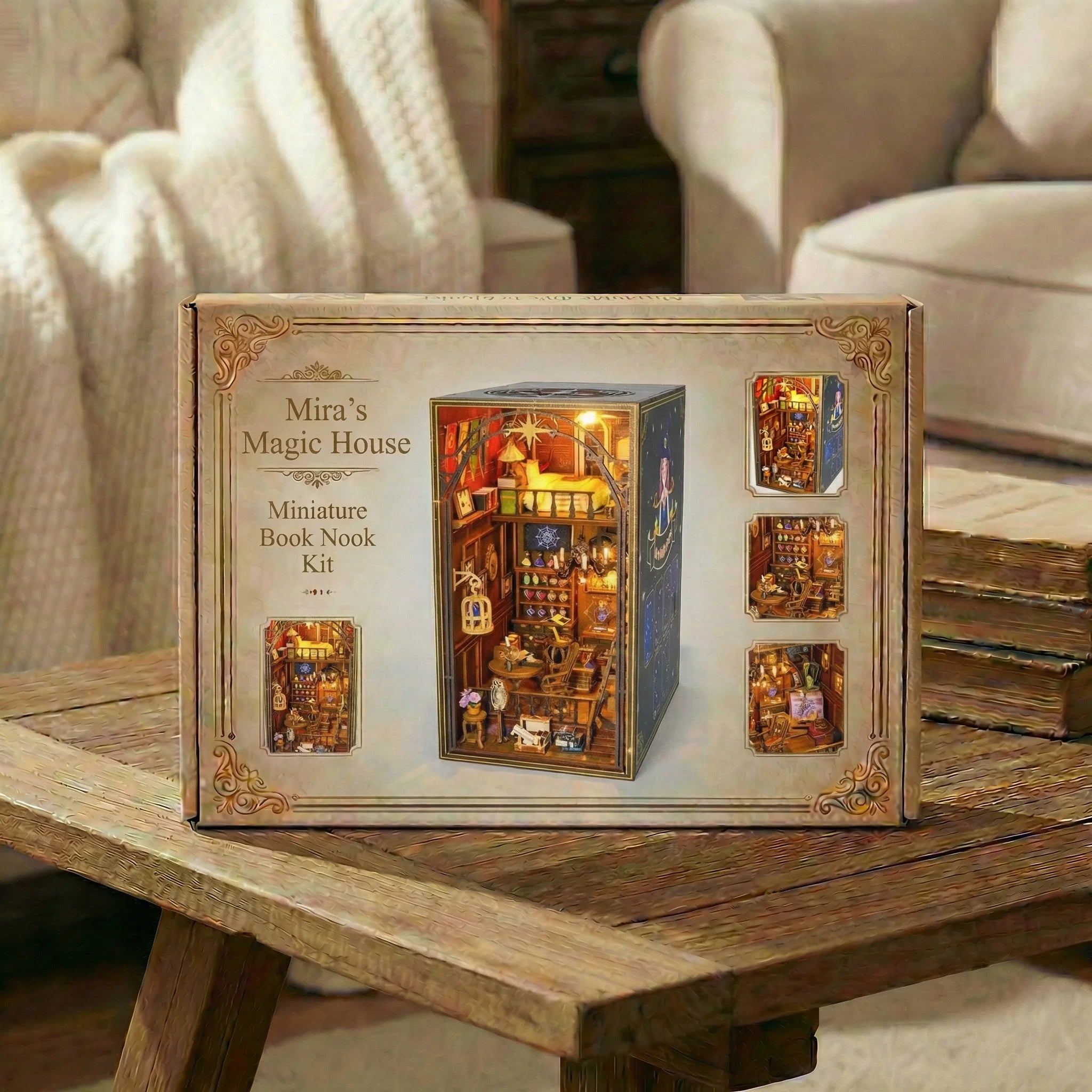 Mira's Magic House Miniature Book Nook Kit box displayed on rustic wooden table in cozy living room setting