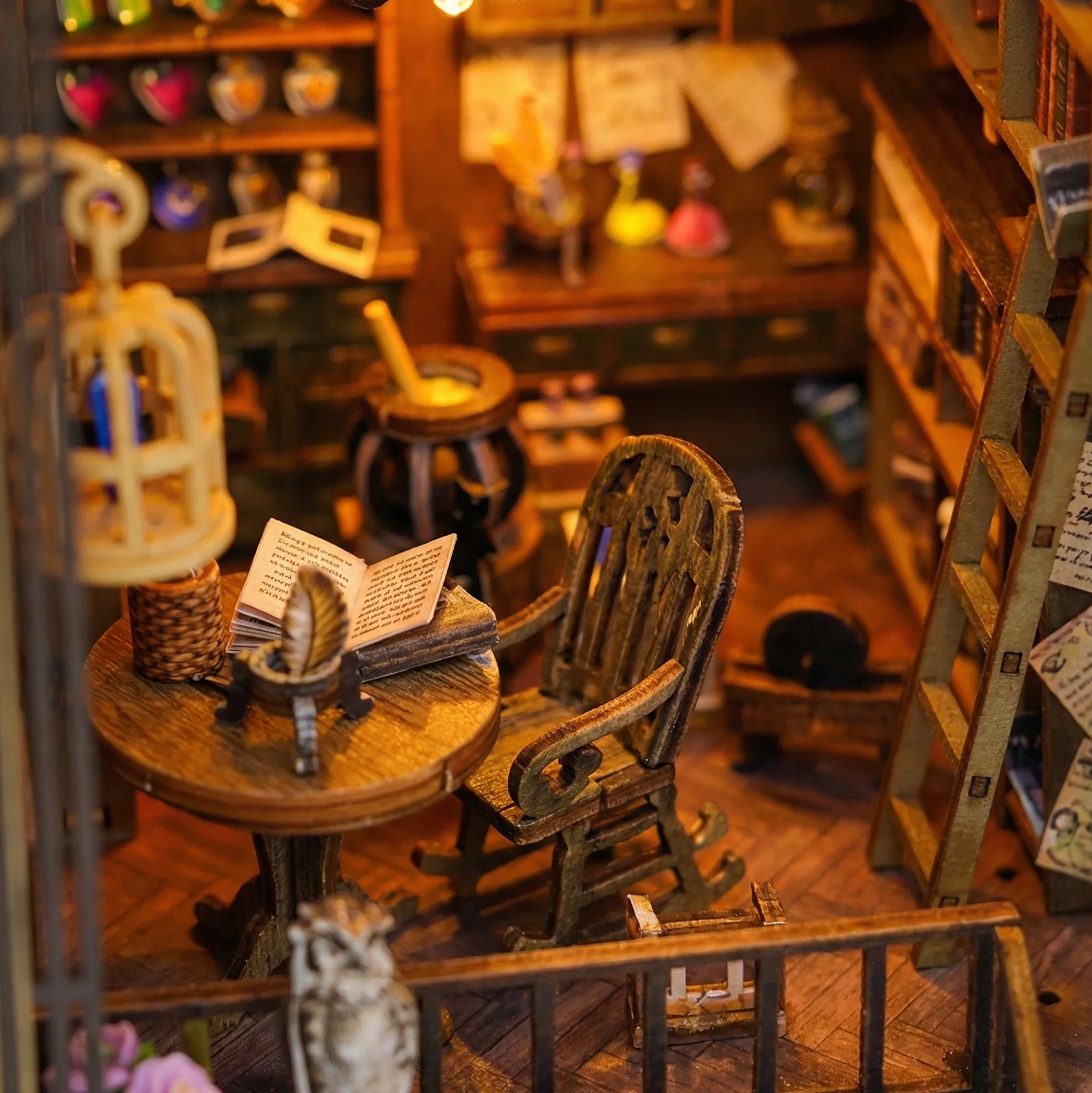 The Wizard's Study DIY miniature kit wooden table with open book and ornate chair detail