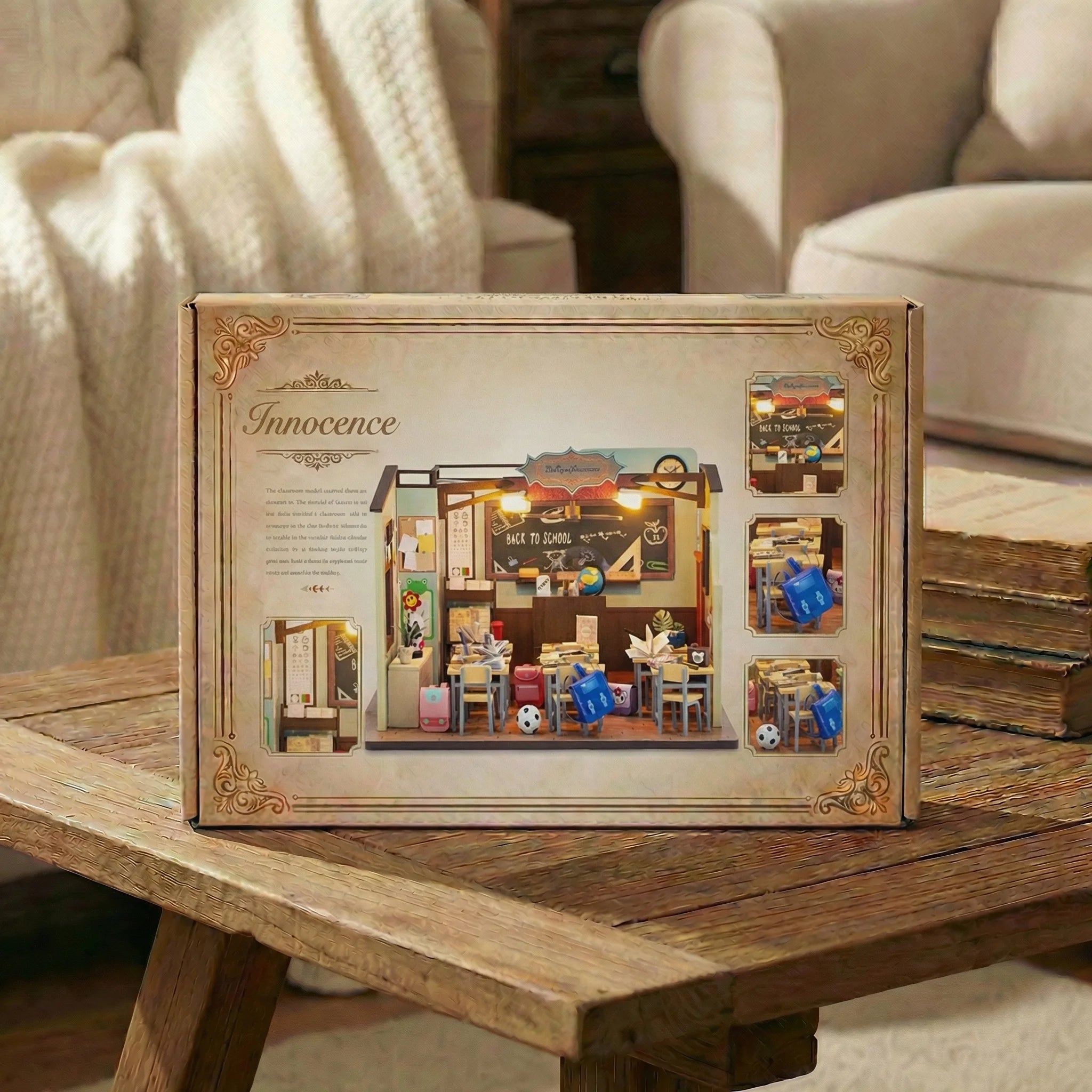The Homeroom miniature DIY kit box displayed on wooden table in cozy living room with cream furniture