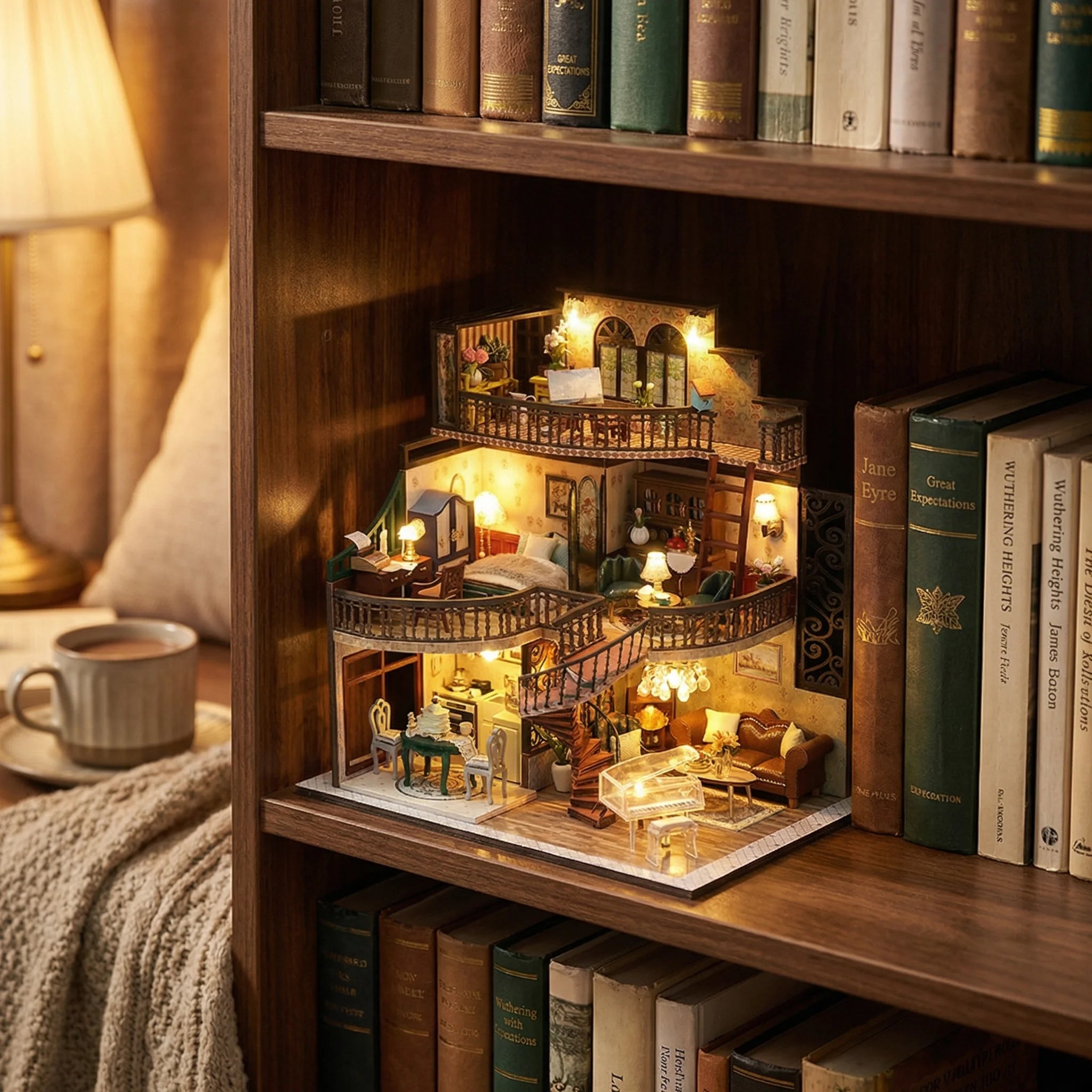 The Grand Townhouse miniature dollhouse kit displayed on bookshelf with LED lights and detailed multi-level rooms