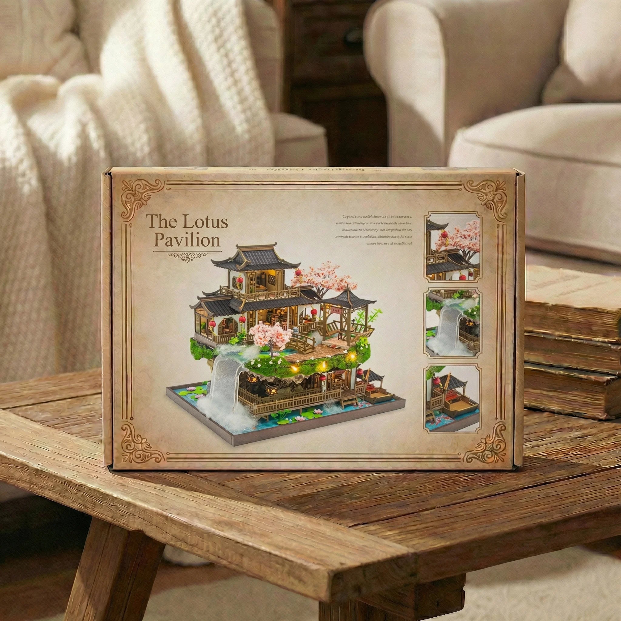 The Lotus Pavilion DIY miniature kit box displayed on rustic wooden table in cozy living room setting
