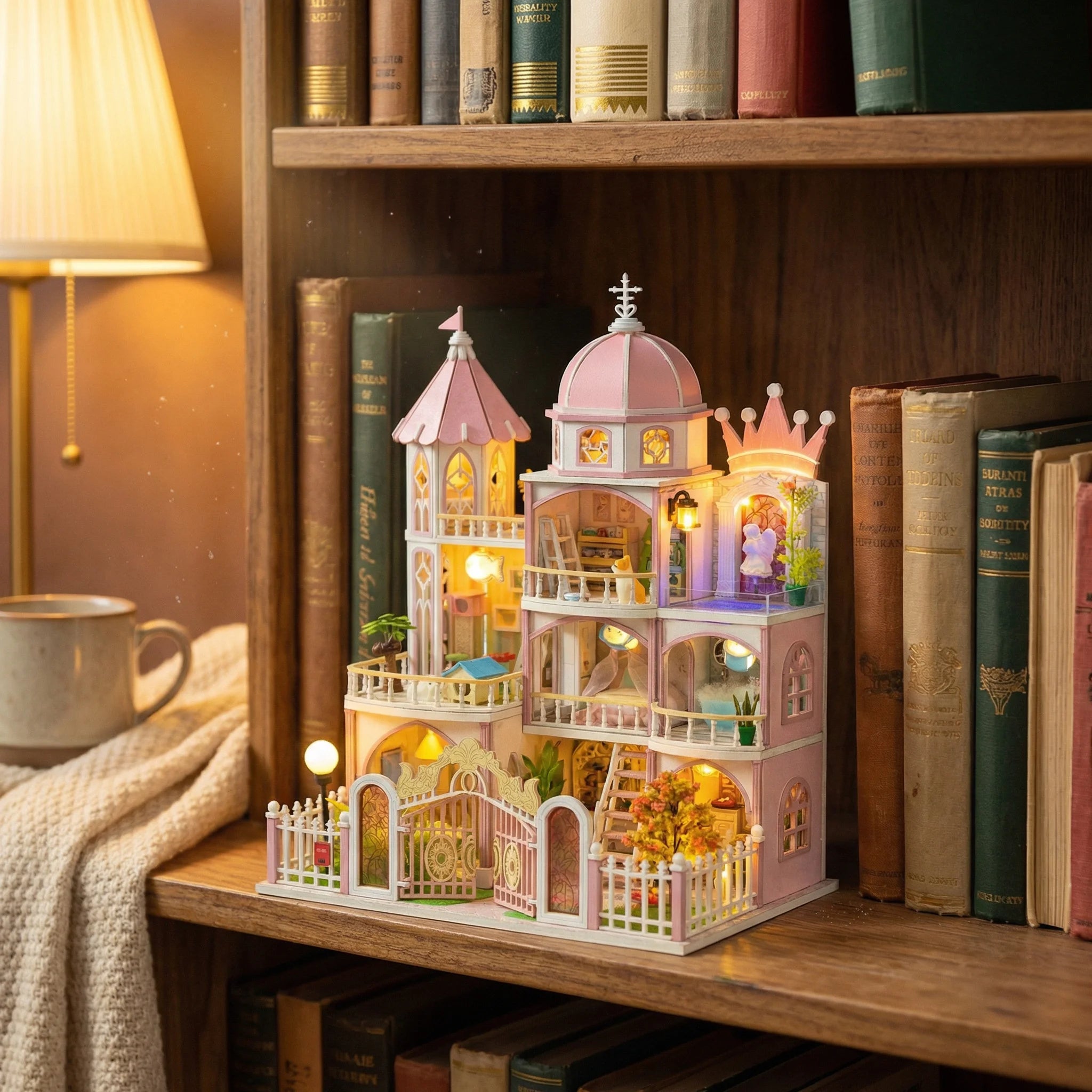 The Rose Palace illuminated miniature dollhouse kit displayed on bookshelf with cozy lamp and books