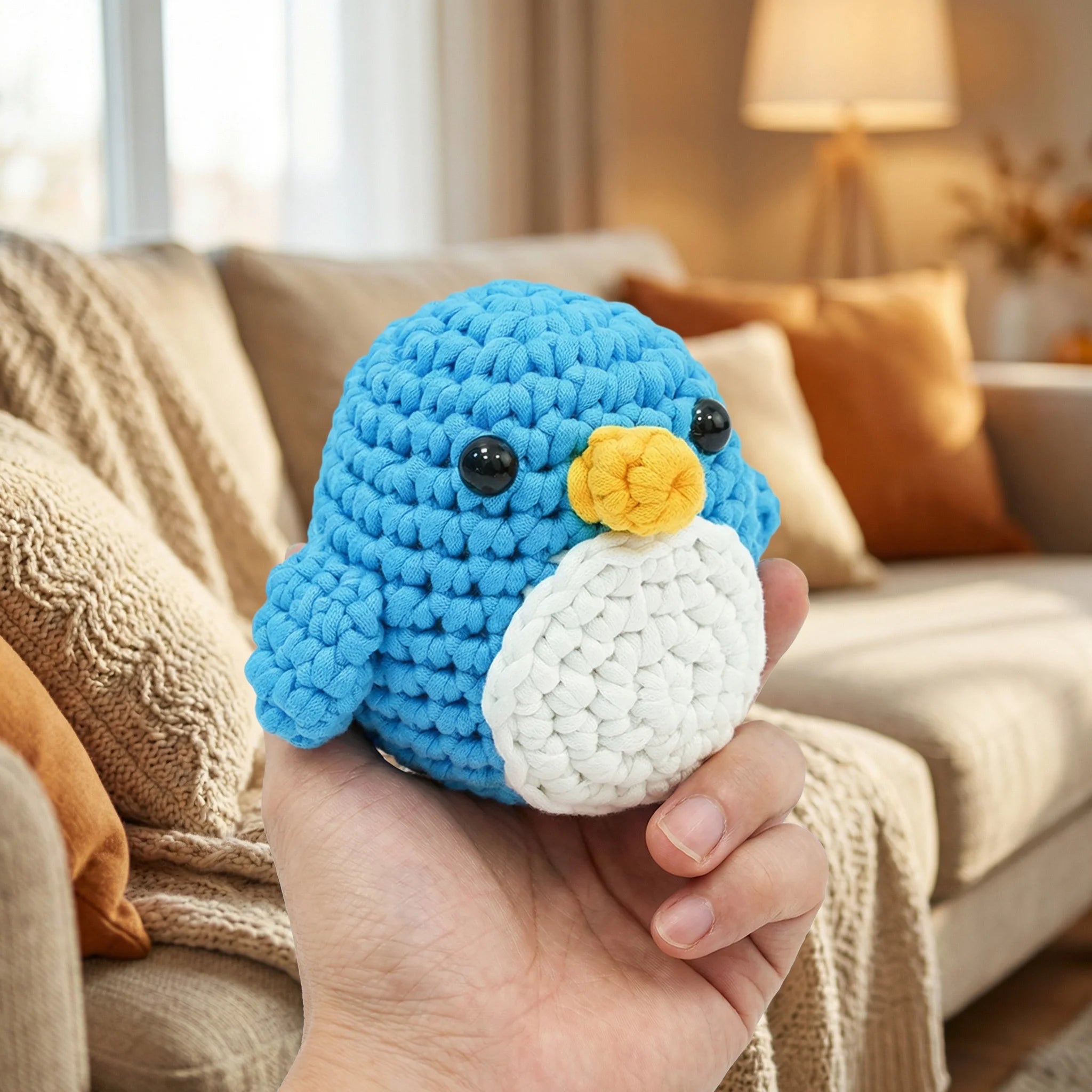Hand holding The Little Penguin crochet amigurumi in cozy living room with blue body and white belly