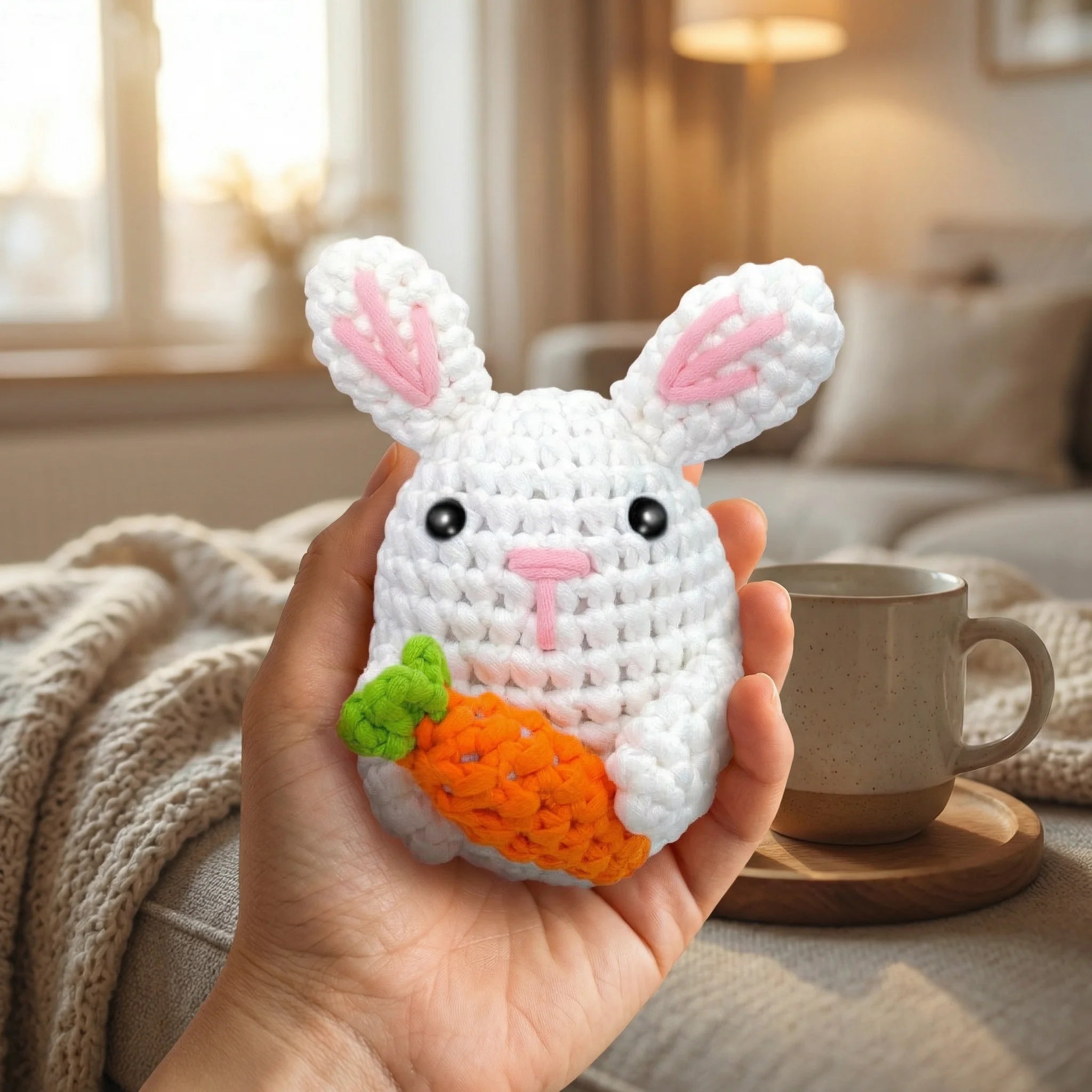 Hand holding white crochet Carrot Keeper bunny with orange carrot in cozy living room setting, DIY amigurumi kit