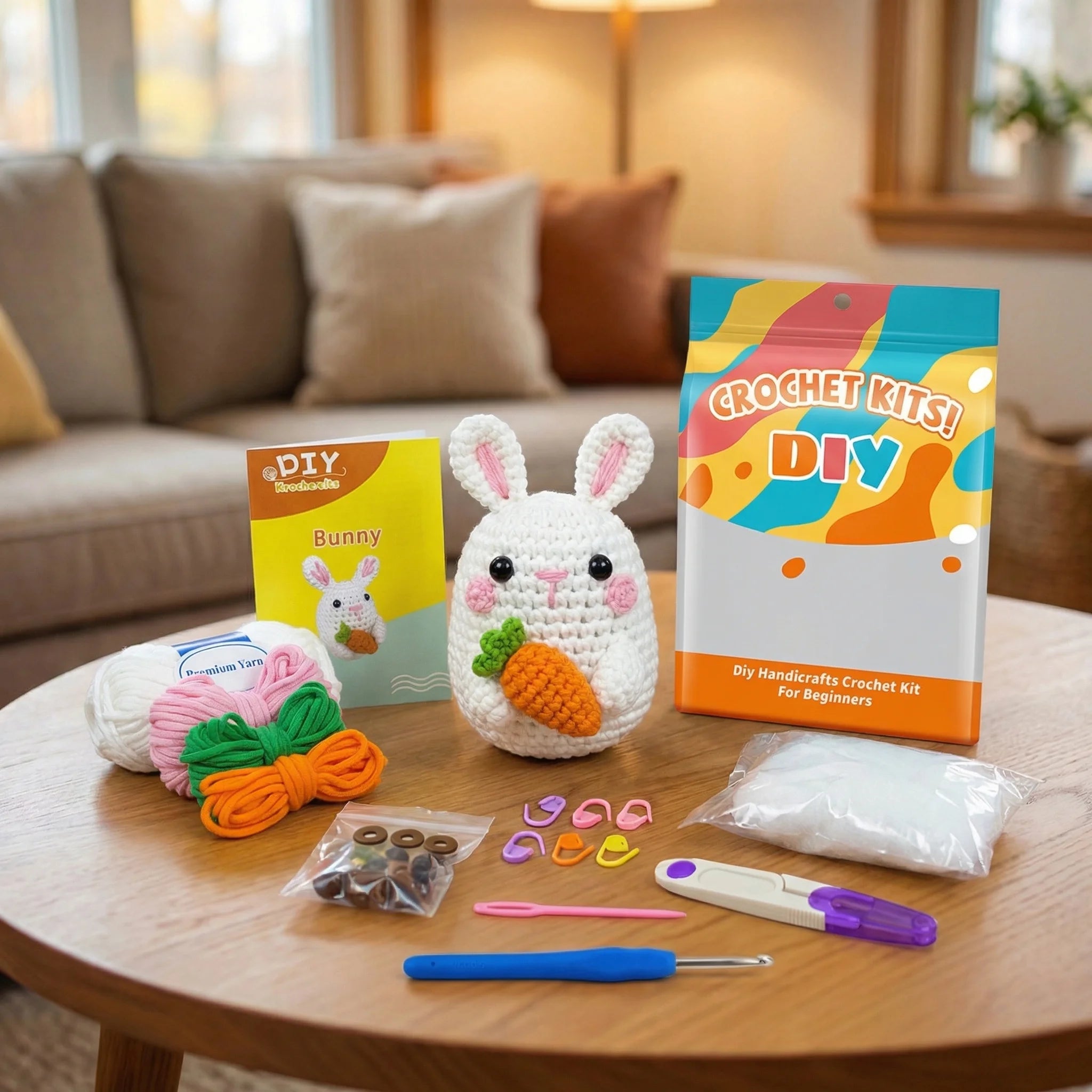 The Carrot Keeper DIY crochet kit contents with white bunny amigurumi, yarn, hooks, and instruction card displayed