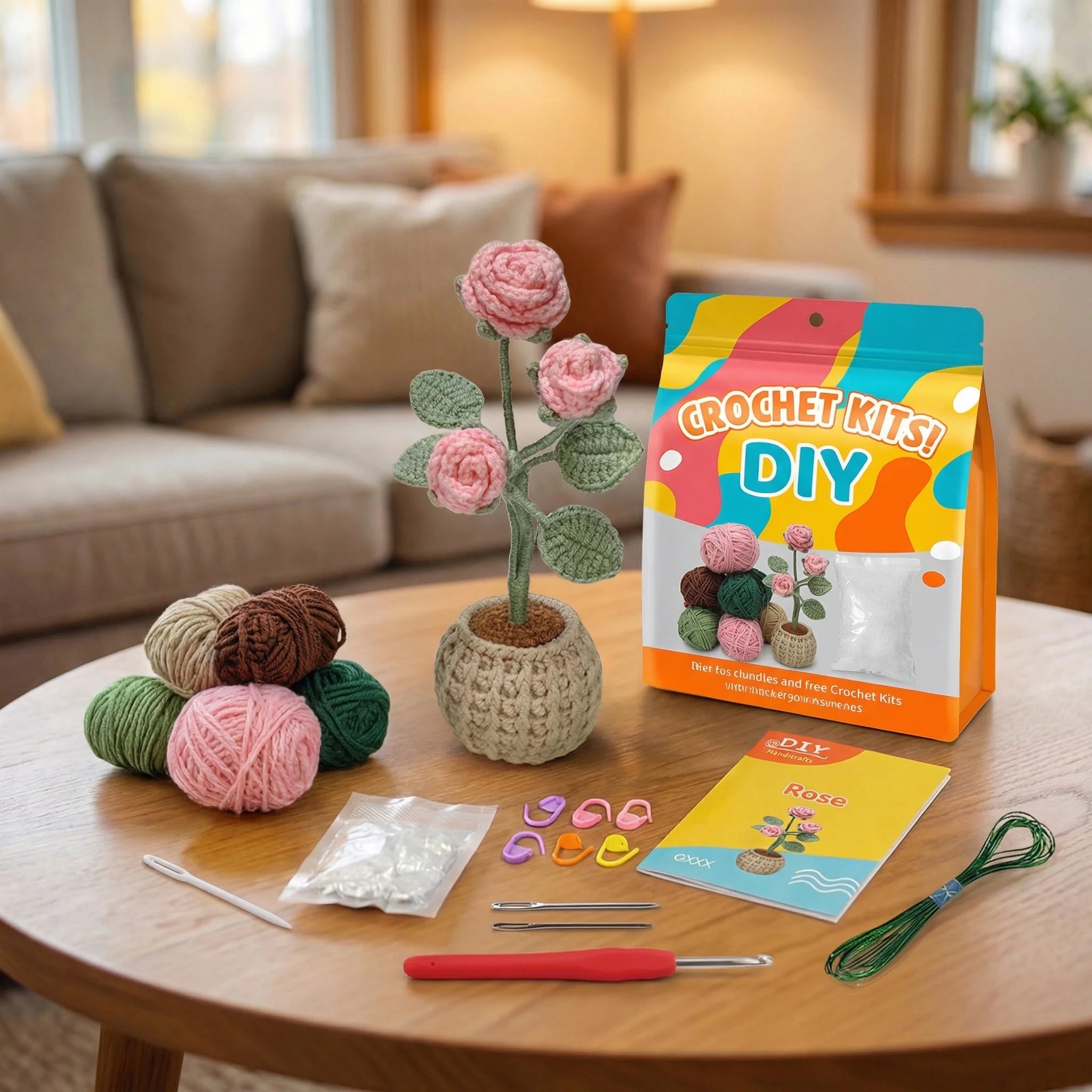 The Rose Garden DIY crochet kit contents with yarn balls, hooks, pattern booklet, and finished mini rose plant