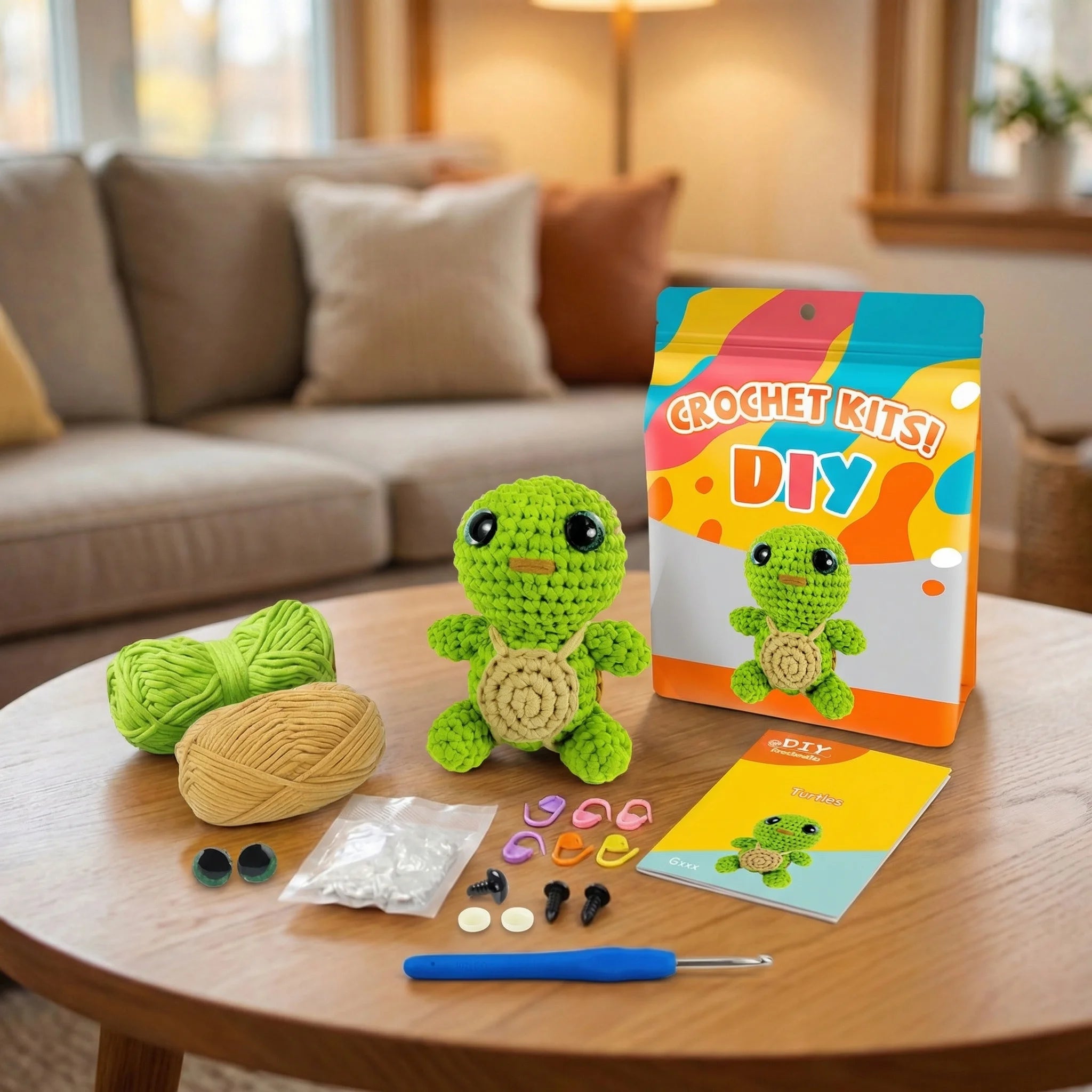 The Shell Keeper DIY crochet kit contents including green and tan yarn, crochet hook, turtle pattern, and accessories