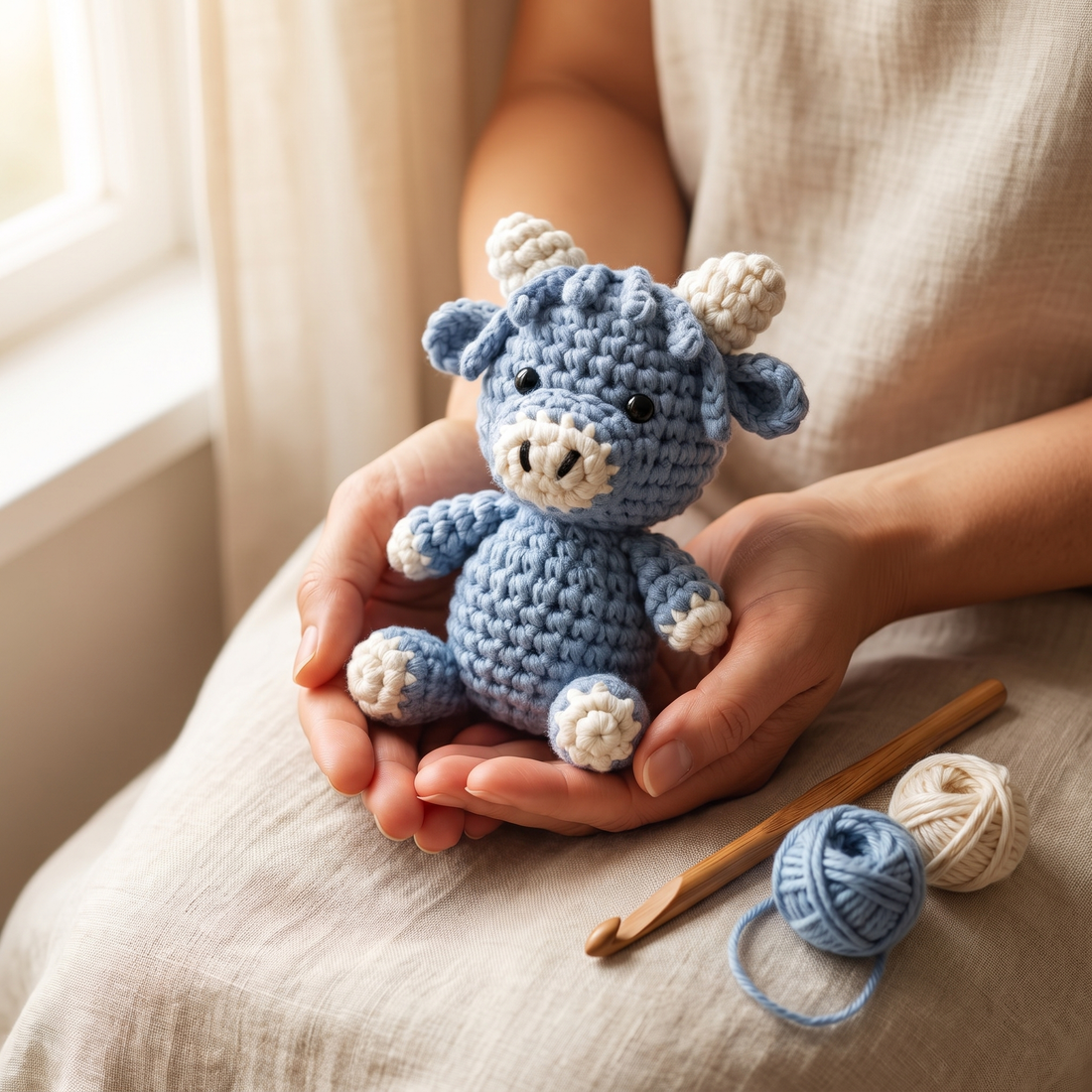 Bluebell the Cow mini crochet kit held in two hands
