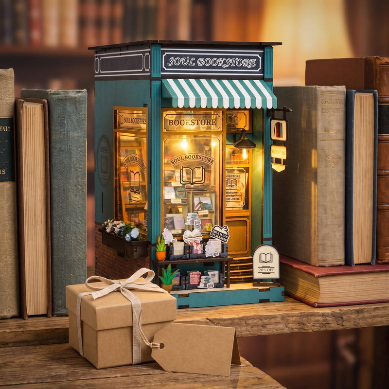 The Corner Bookstore book nook with a small gift box
