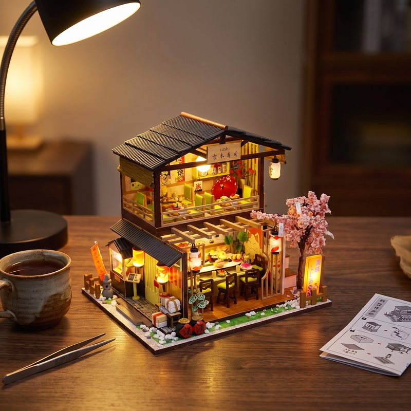 The Sakura Sushi Bar miniature kit lit on a desk in the evening