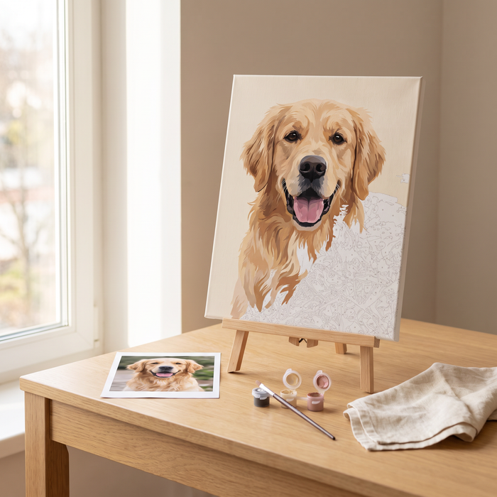 Custom paint by numbers canvas of a golden retriever on a desk easel