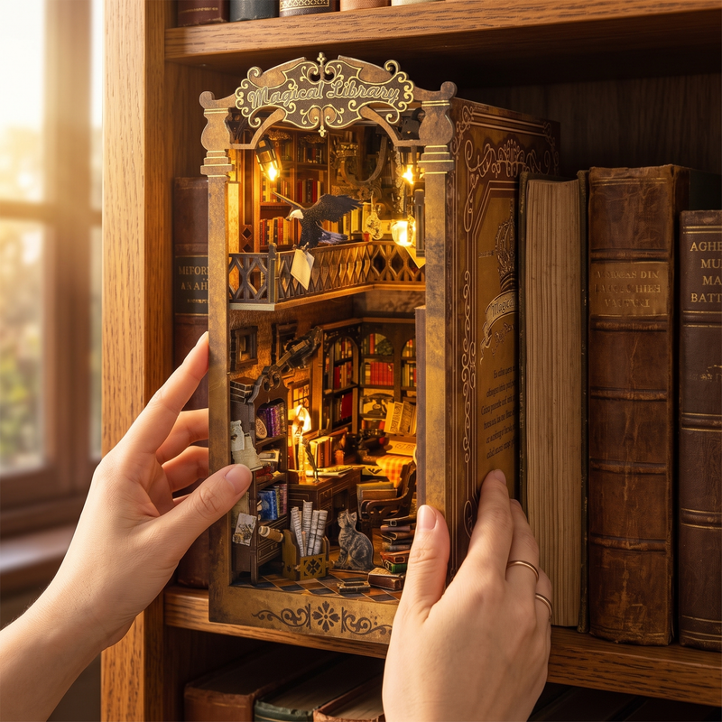 The Magical Library book nook being slid between books
