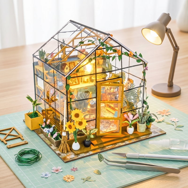 The Sunflower Glasshouse kit on a cutting mat with tools