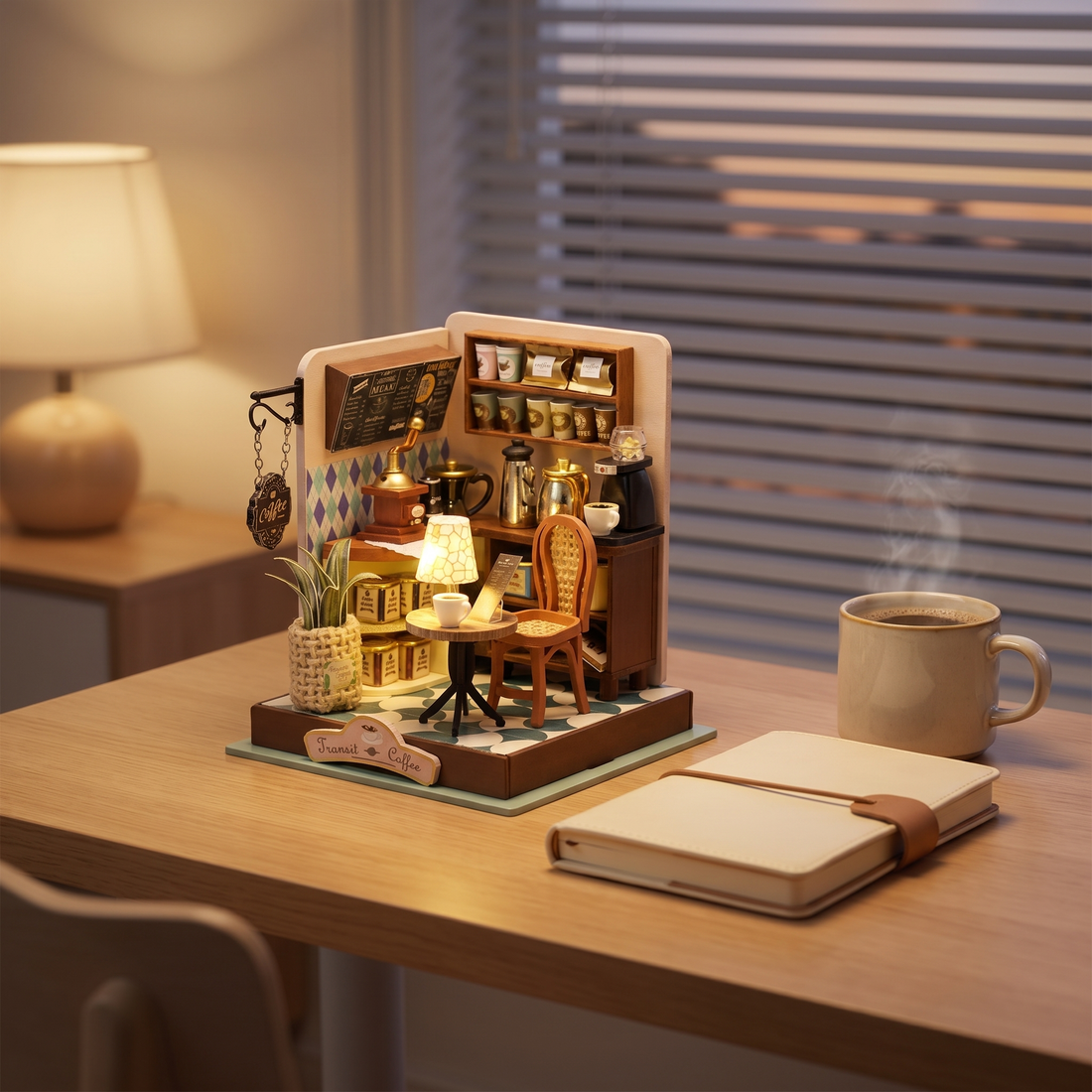 The Daily Grind miniature coffee shop kit on a desk at dusk