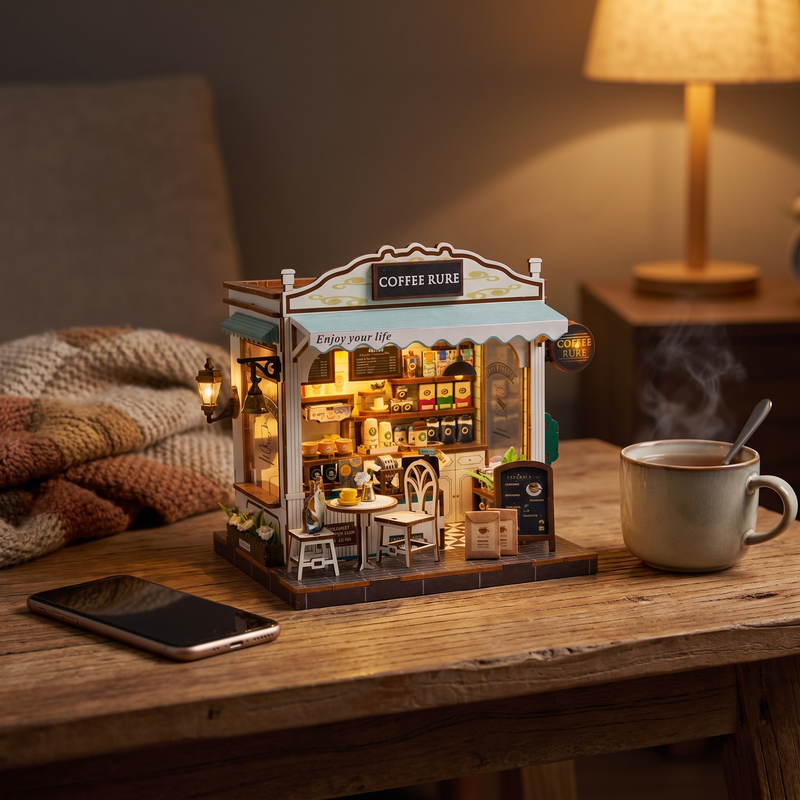 The Coffee Stop miniature kit beside a phone face down