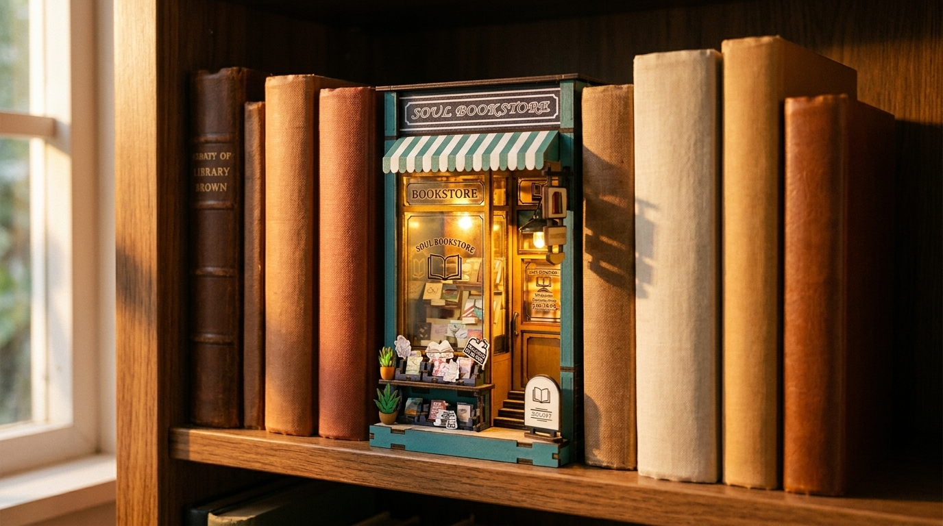 A TinyCraft corner bookstore book nook lit from within, slotted between books on a warm shelf at dusk