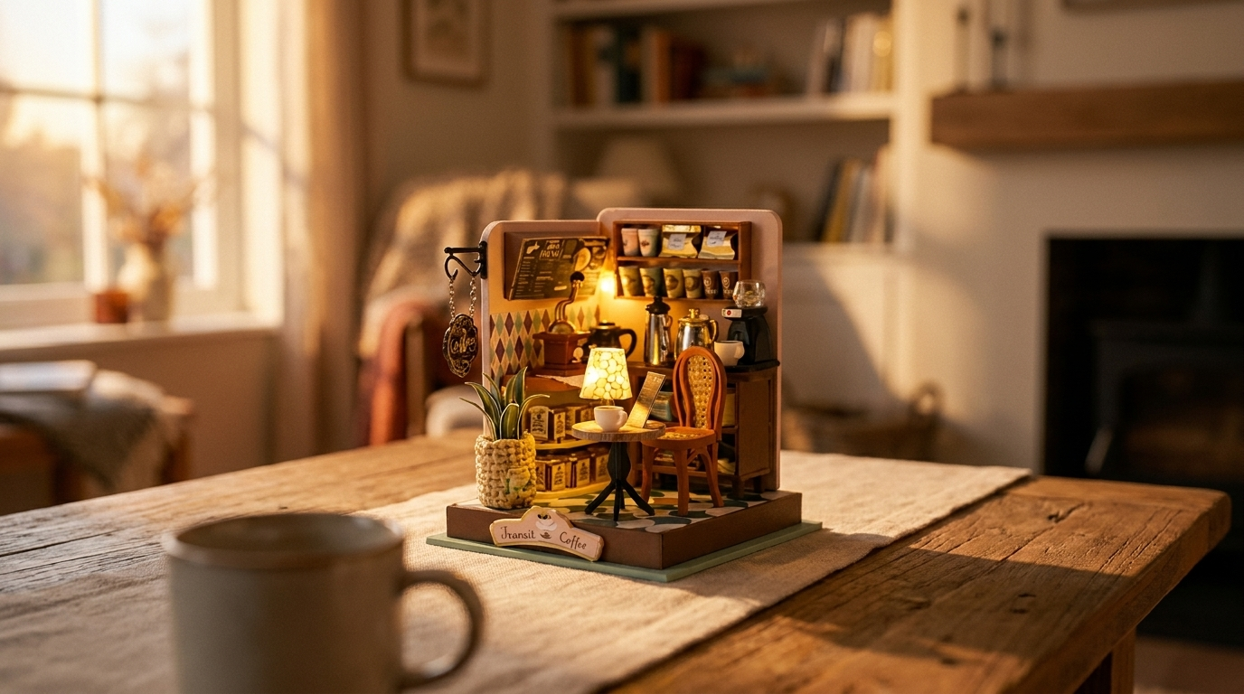 A TinyCraft miniature room kit lit from within on a warm wooden table beside a mug at golden hour
