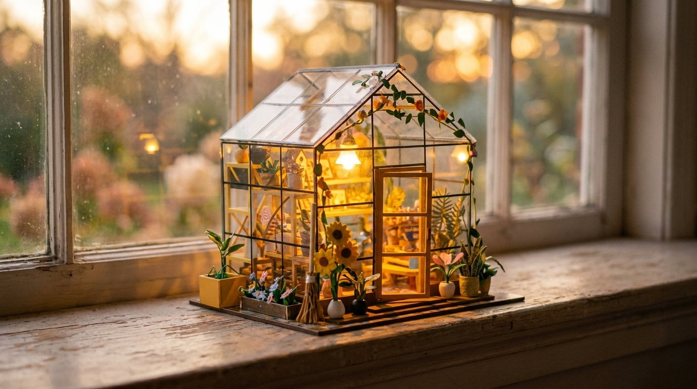 A TinyCraft sunflower glasshouse miniature glowing warmly on a windowsill at dusk