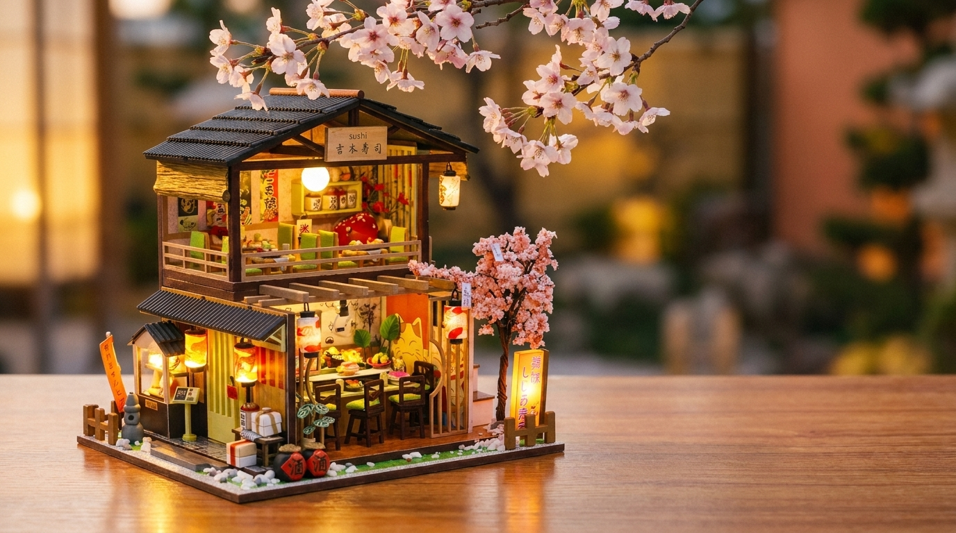 The TinyCraft Sakura sushi bar miniature lit up under cherry blossom at dusk
