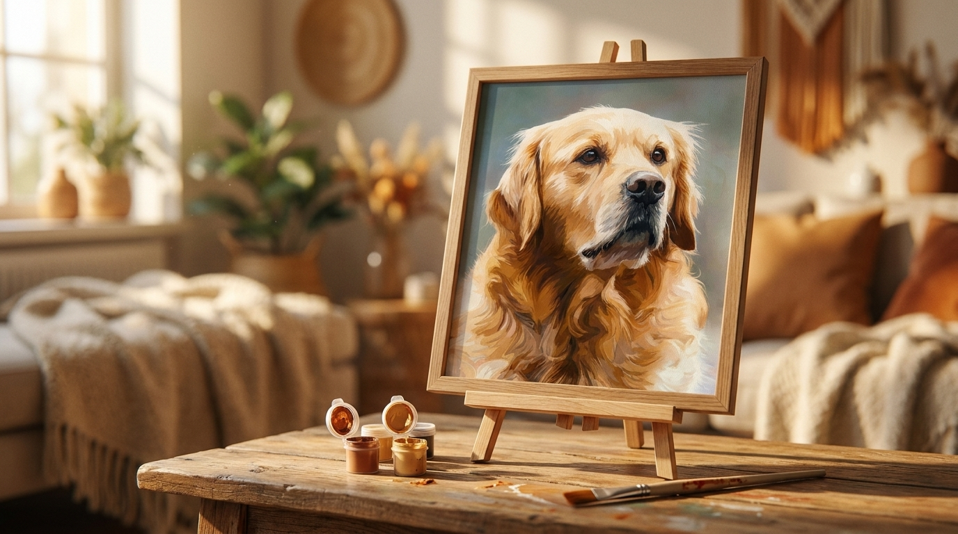A custom paint by numbers golden retriever portrait on a wooden easel with brushes in a sunlit room