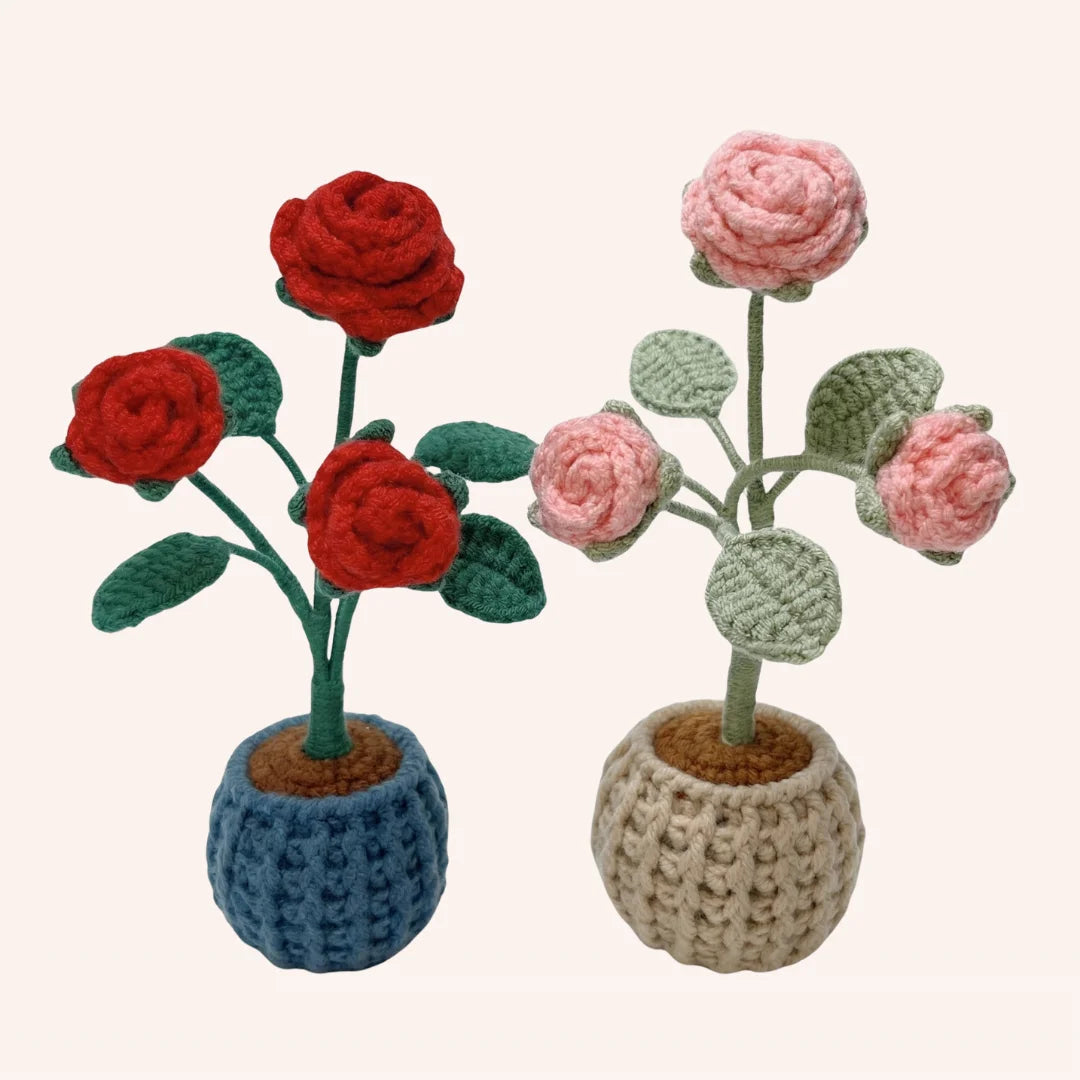 The Blooming Pair DIY crochet kit featuring miniature roses in pots, red and pink amigurumi flowers with leaves