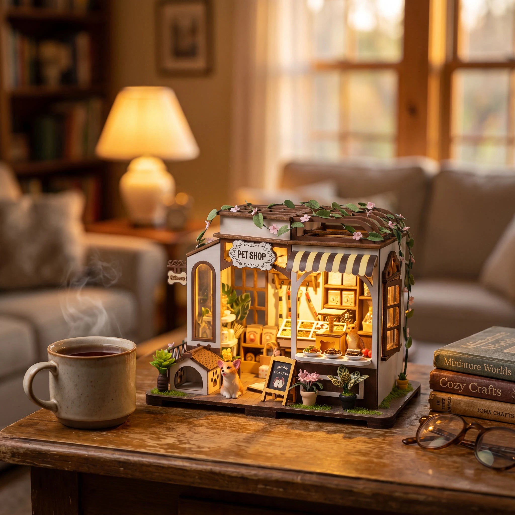 The Puppy Pantry on a desk at dusk beside a mug of tea