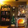 Fireside detail: glowing hearth under the stag mount and mantel clock