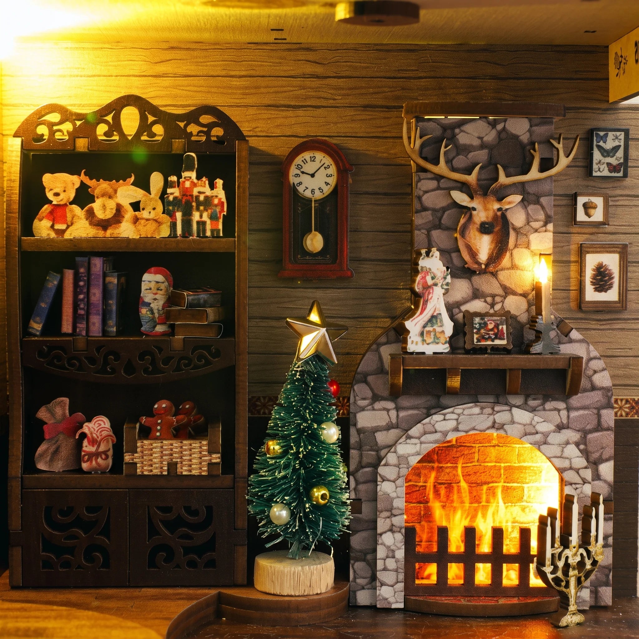 Fireside detail: glowing hearth under the stag mount and mantel clock