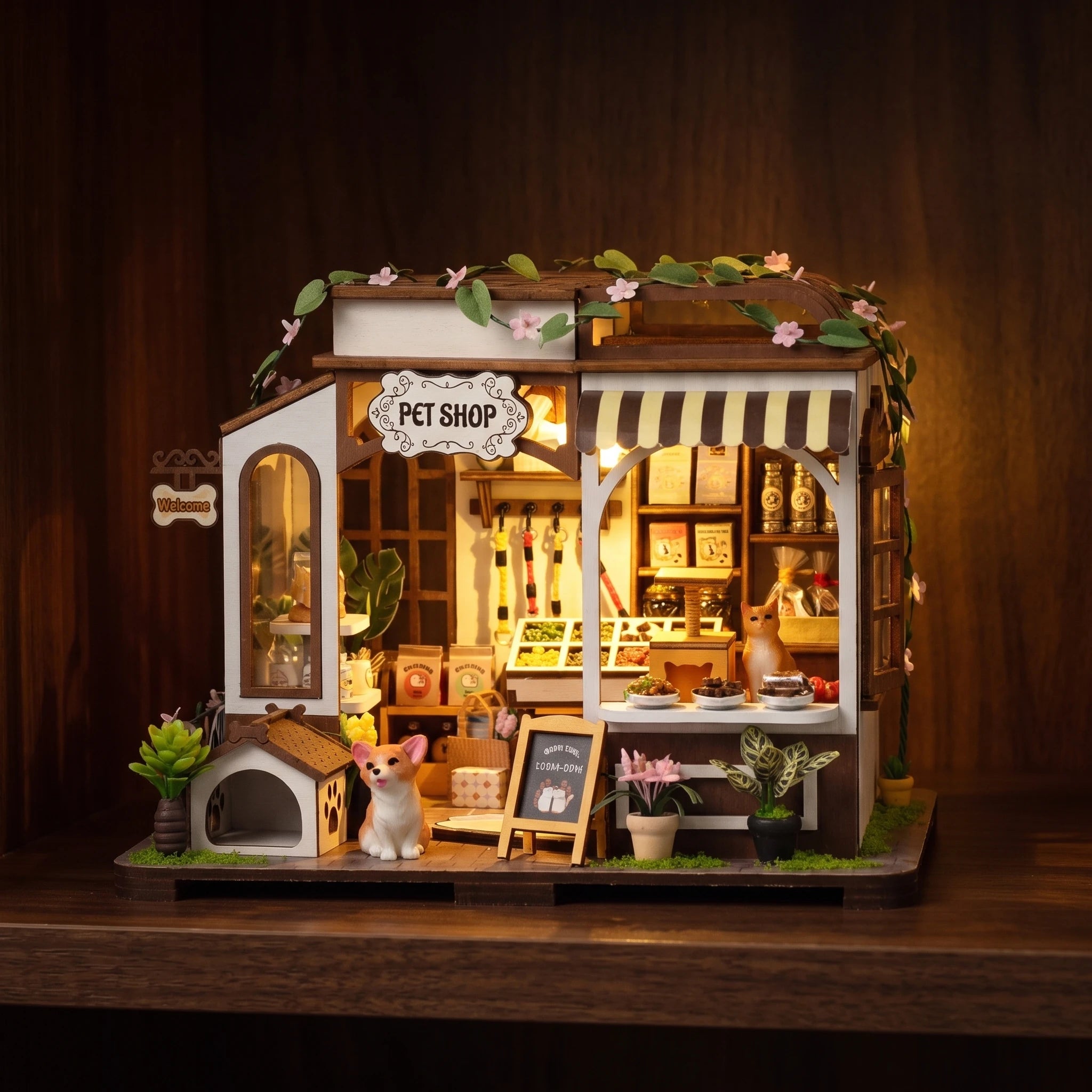 The Puppy Pantry glowing on a walnut shelf at night