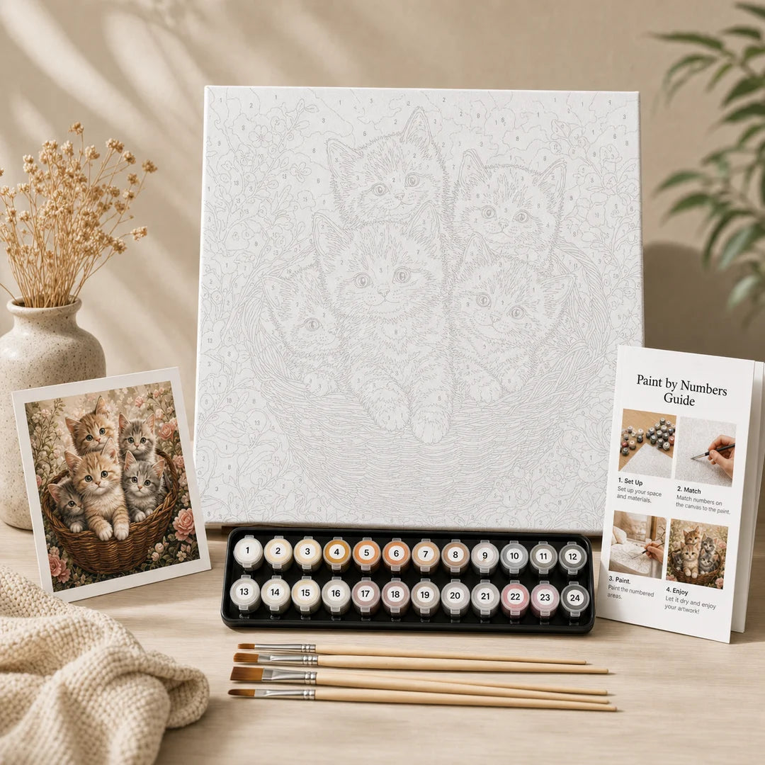 Basket of Kittens paint by numbers complete kit contents – TinyCraft