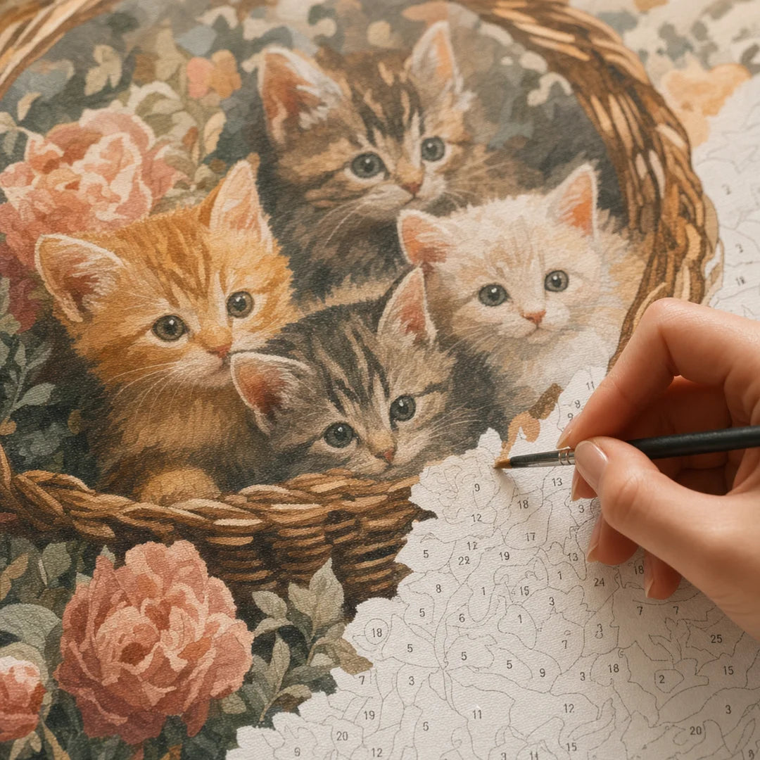 Basket of Kittens paint by numbers canvas in progress – TinyCraft