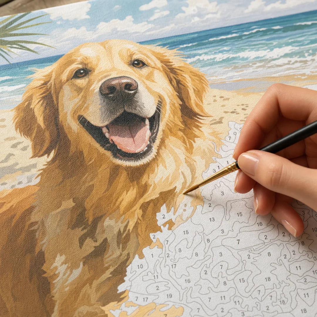 Beach Day Golden Retriever paint by numbers canvas in progress – TinyCraft