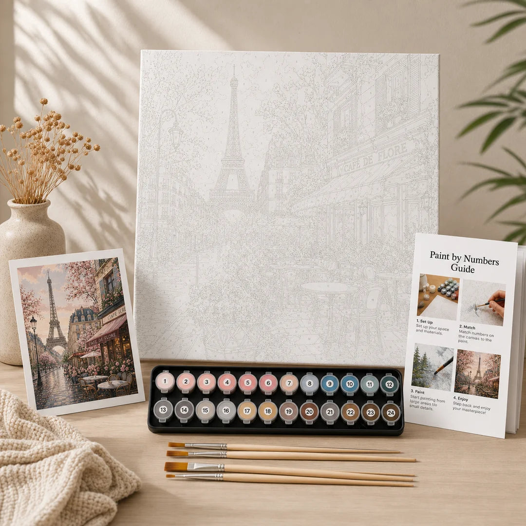 Cafe View of the Eiffel Tower paint by numbers complete kit contents – TinyCraft