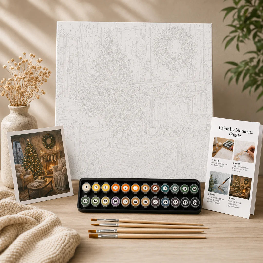 Cozy Christmas Living Room paint by numbers complete kit contents – TinyCraft