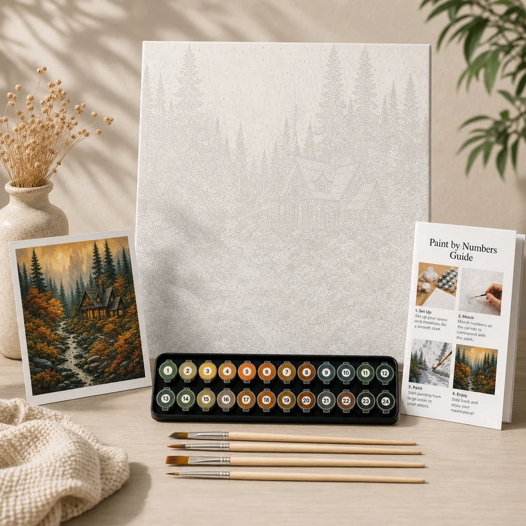 Forest Cabin Retreat paint by numbers complete kit contents – TinyCraft