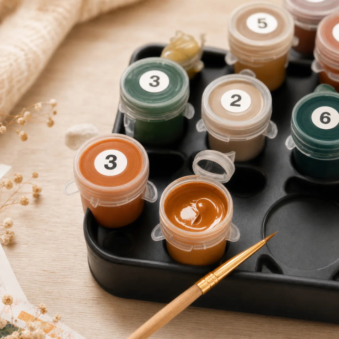 Forest Cabin Retreat paint by numbers acrylic paint pots close-up – TinyCraft