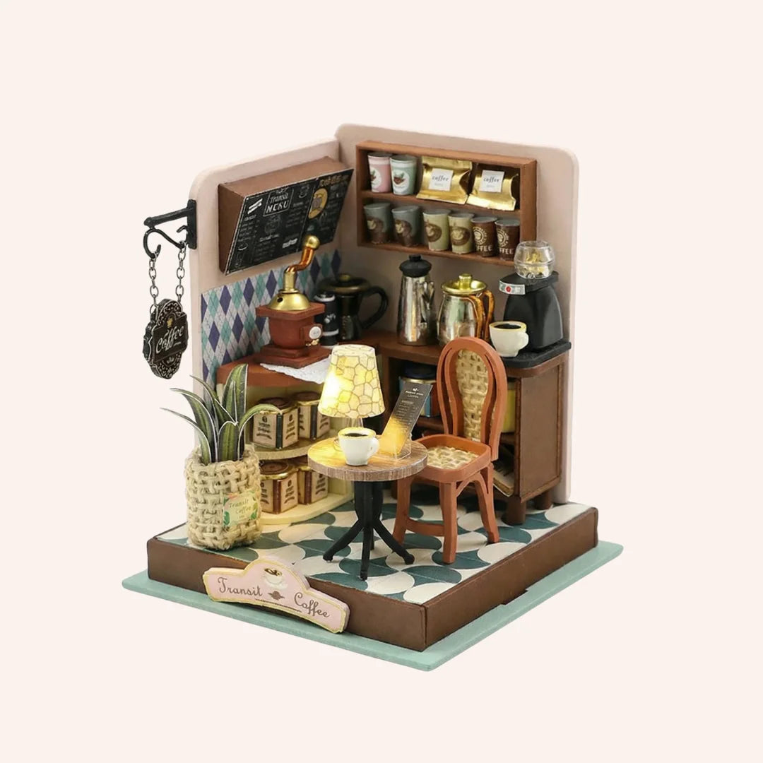 The Daily Grind miniature coffee shop DIY kit with tiny furniture lamp espresso machine and shelving display