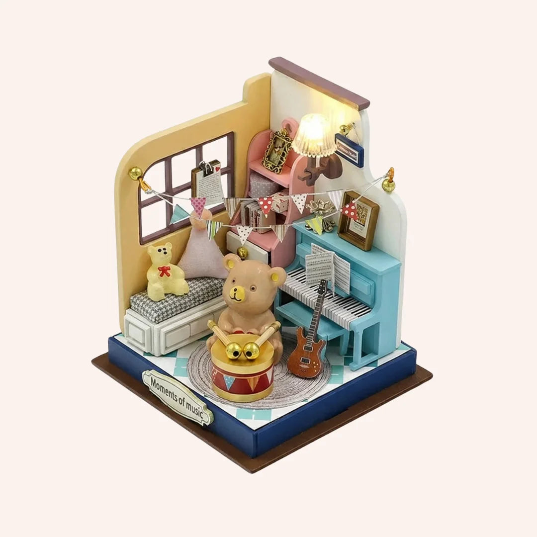 The Little Maestro miniature music room DIY kit with bear pianist, turquoise piano, guitar and decorative bunting