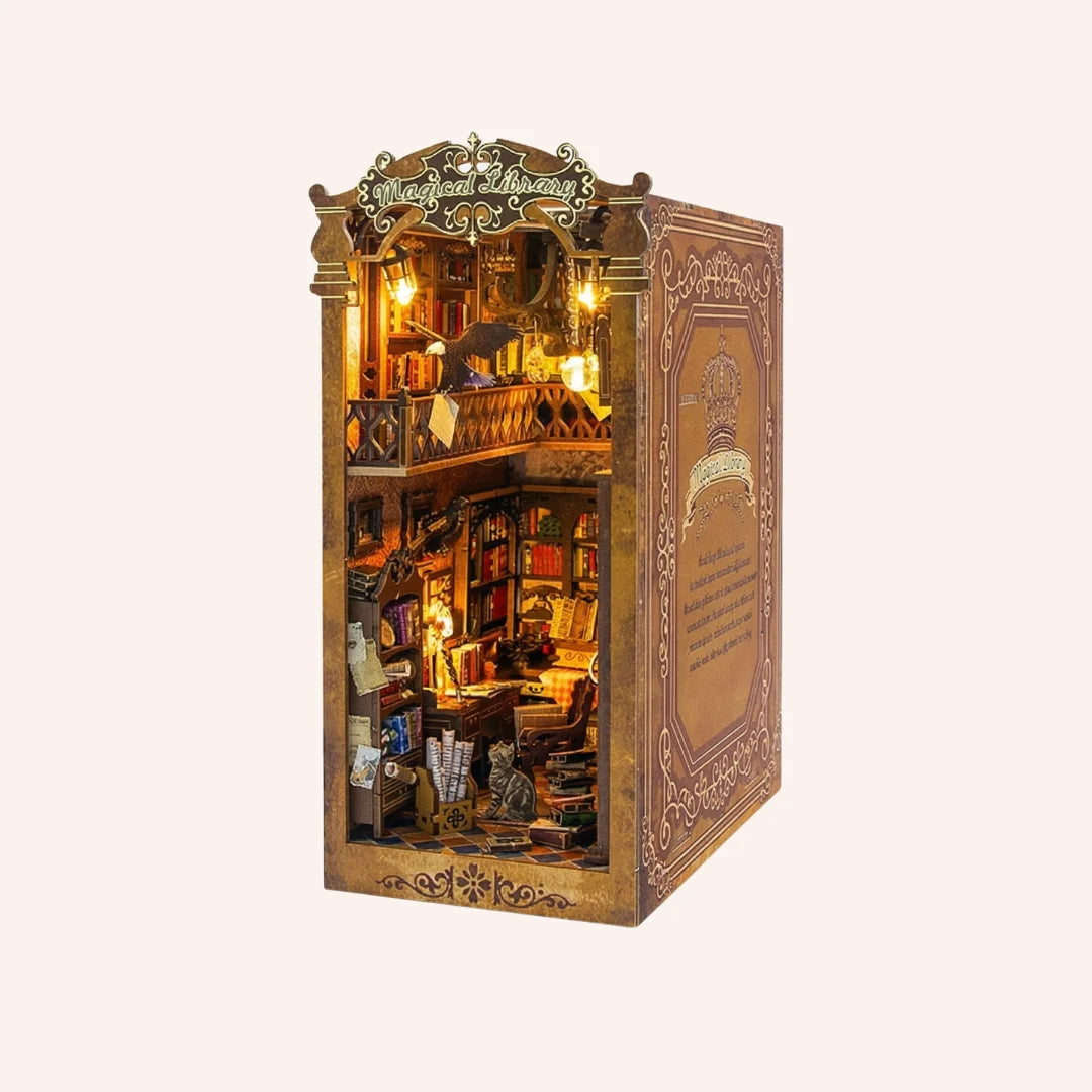 The Eternal Archive DIY miniature book nook kit with illuminated multi-level library interior and ornate bronze cover