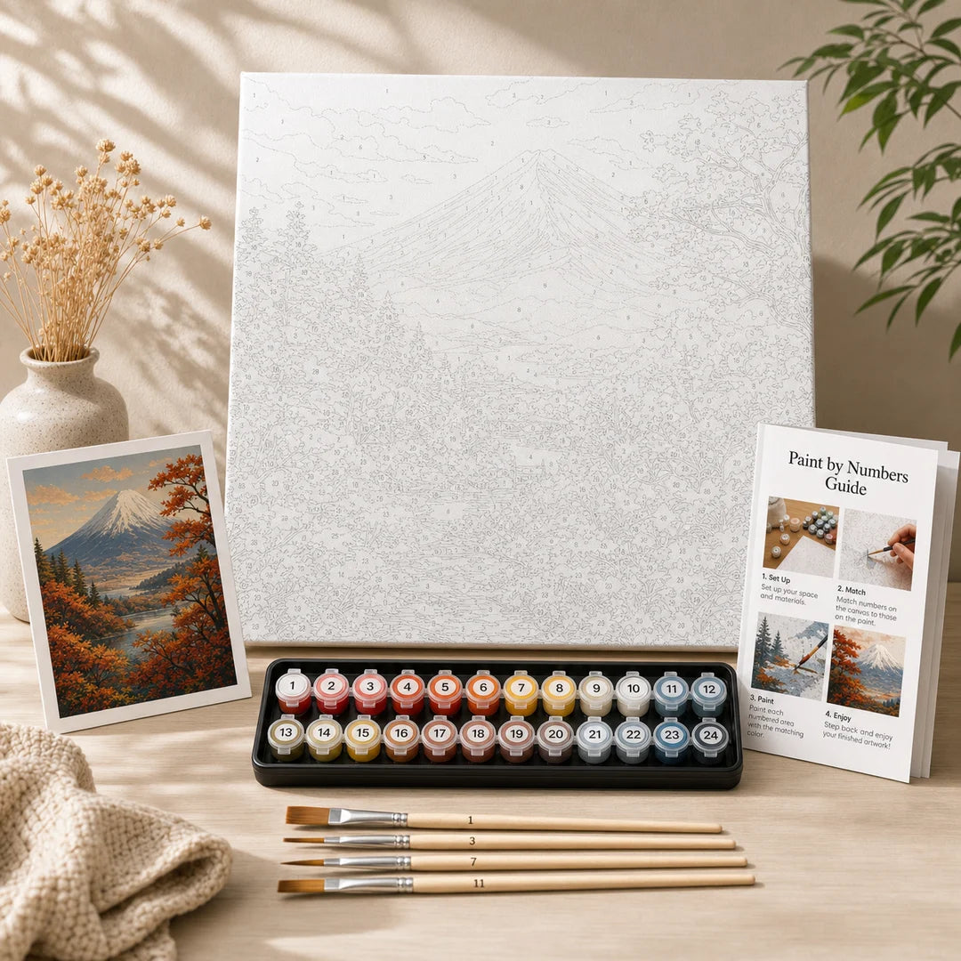 Mount Fuji in Autumn paint by numbers complete kit contents – TinyCraft