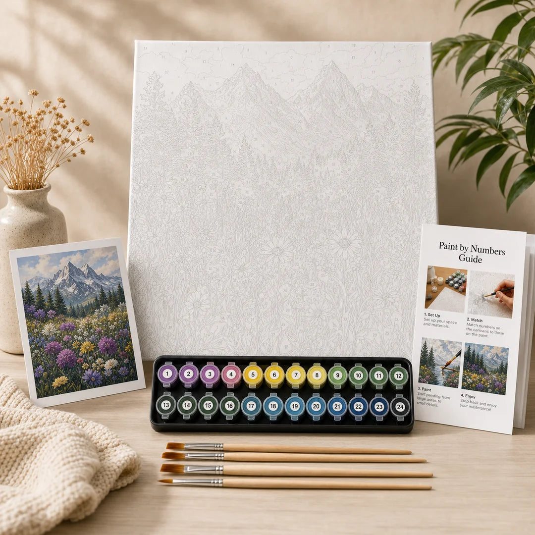Mountain Wildflower Meadow paint by numbers complete kit contents – TinyCraft
