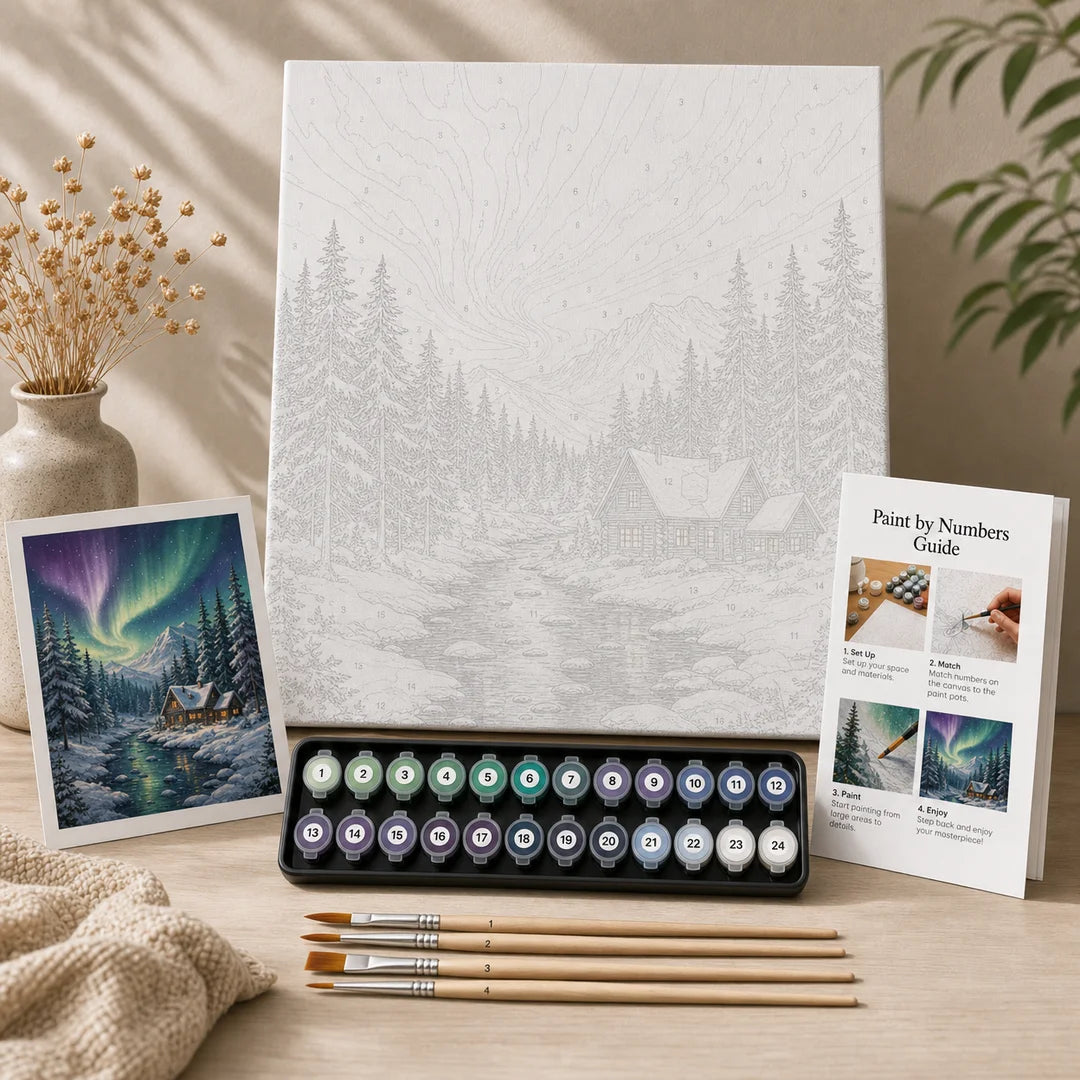 Northern Lights Forest paint by numbers complete kit contents – TinyCraft
